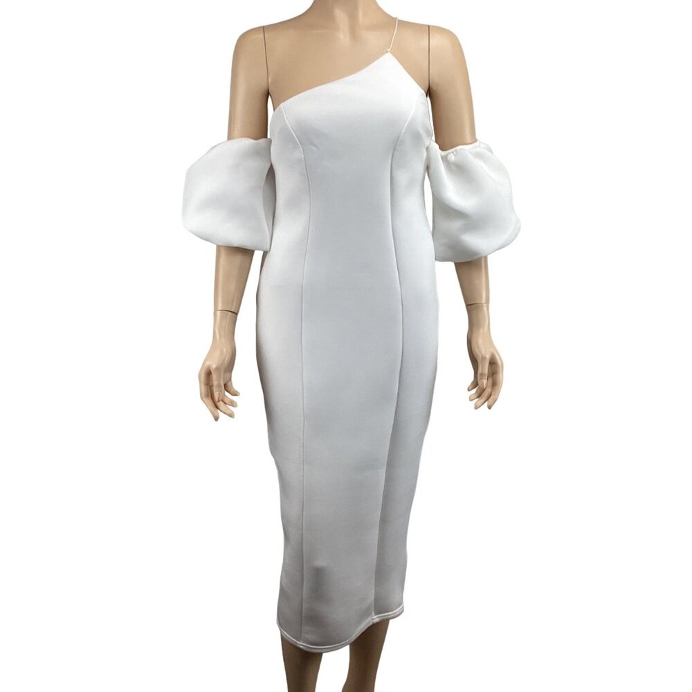 Boohoo White One-Shoulder Puff Sleeve Midi Dress Size 8‎ Bodycon Scuba